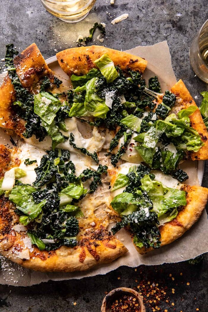 overhead photo of Burrata Caesar Salad Pizza 