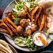 Chicken Meatball Pita Bowls with Seasoned Fries and Feta | halfbakedharvest.com