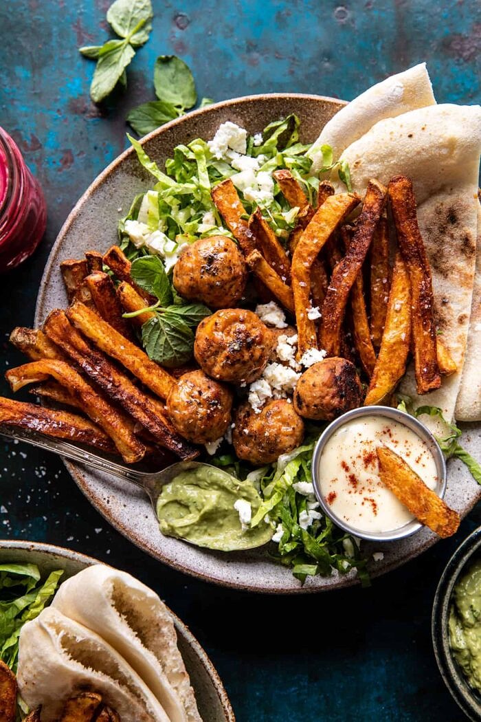 Chicken Meatball Pita Bowls with Seasoned Fries and Feta | halfbakedharvest.com
