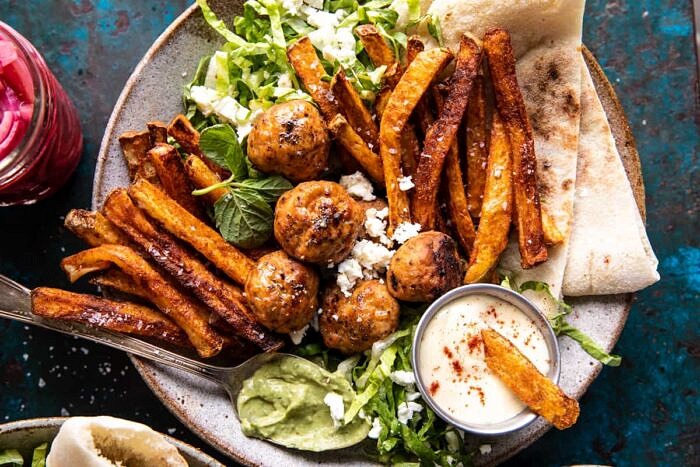 Chicken Meatball Pita Bowls with Seasoned Fries and Feta | halfbakedharvest.com