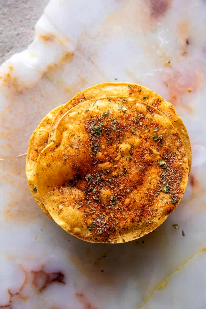 Cool Ranch Chicken Tostadadillas with Honey Lime Crema | halfbakedharvest.com overhead pre photo so cool ranch Tostadas