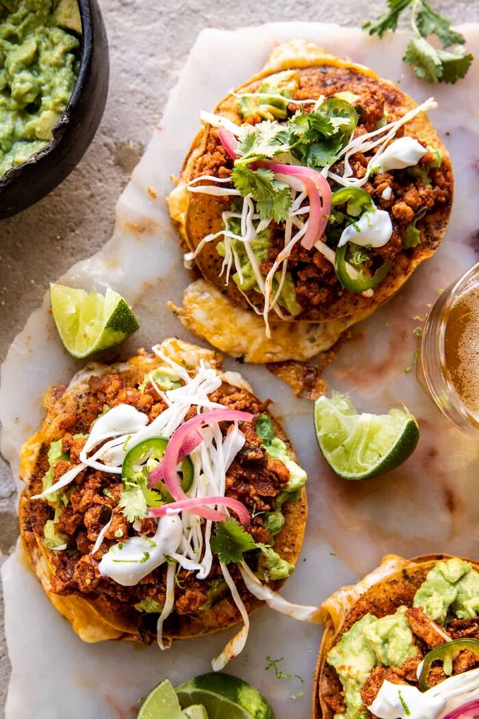Cool Ranch Chicken Tostadadillas with Honey Lime Crema | halfbakedharvest.com overhead photo of Cool Ranch Chicken Tostadadillas with Honey Lime Crema
