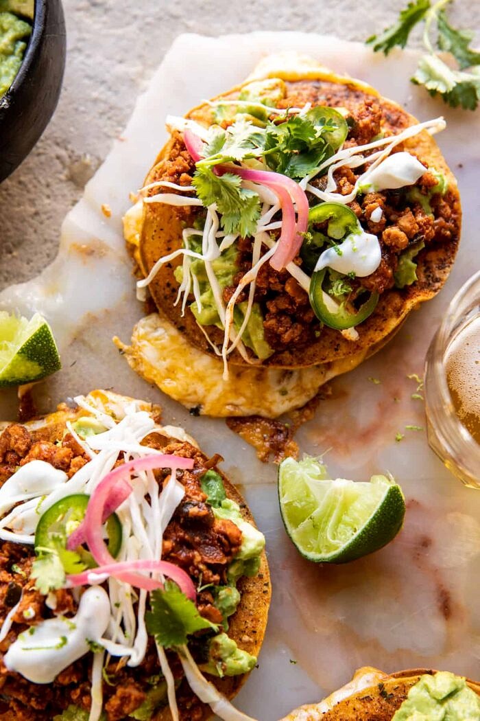 Cool Ranch Chicken Tostadadillas with Honey Lime Crema | halfbakedharvest.com side angled close up photo of Cool Ranch Chicken Tostadadillas with Honey Lime Crema