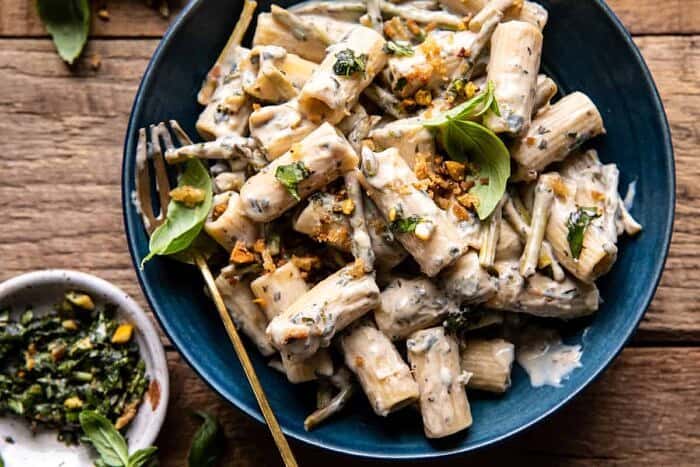 Creamy Lemon Basil and Asparagus Pasta with Spicy Breadcrumbs | halfbakedharvest.com