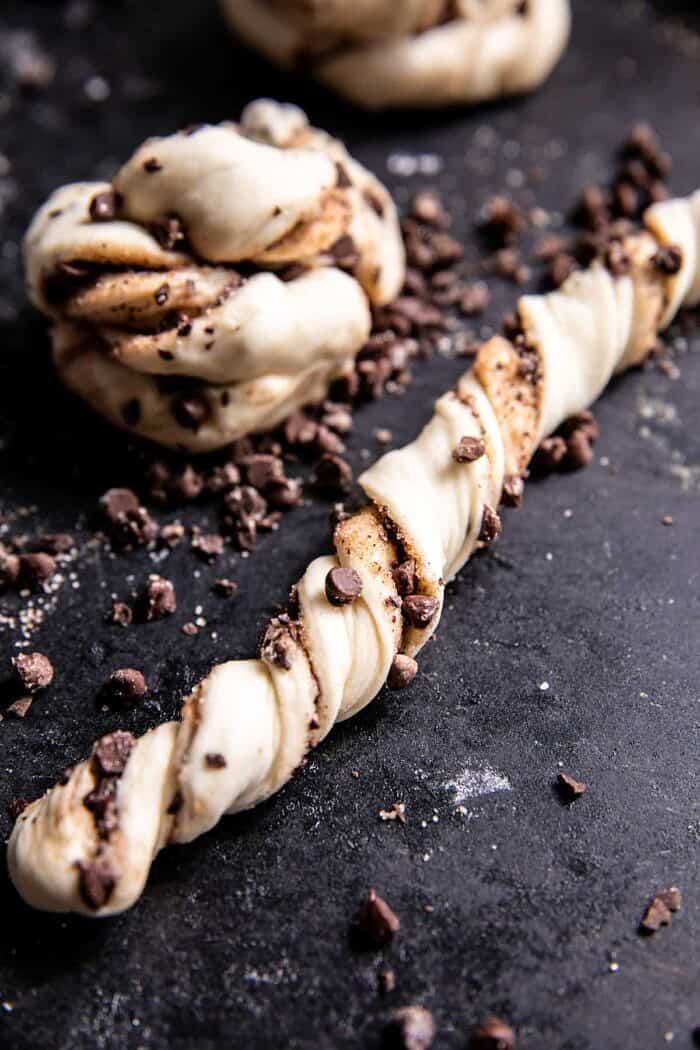 Easy Chocolate Cinnamon Crunch Knots | halfbakedharvest.com prep photo of twisting the knots