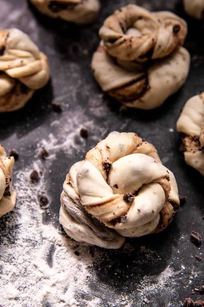 Easy Chocolate Cinnamon Crunch Knots | halfbakedharvest.com prep photo of knots before adding cinnamon crunch