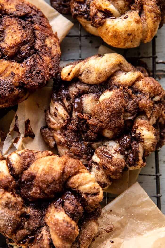 Easy Chocolate Cinnamon Crunch Knots | halfbakedharvest.com overhead close up photo of knots