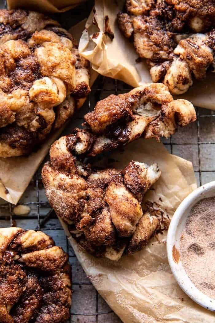 Easy Chocolate Cinnamon Crunch Knots | halfbakedharvest.com knots broken in half