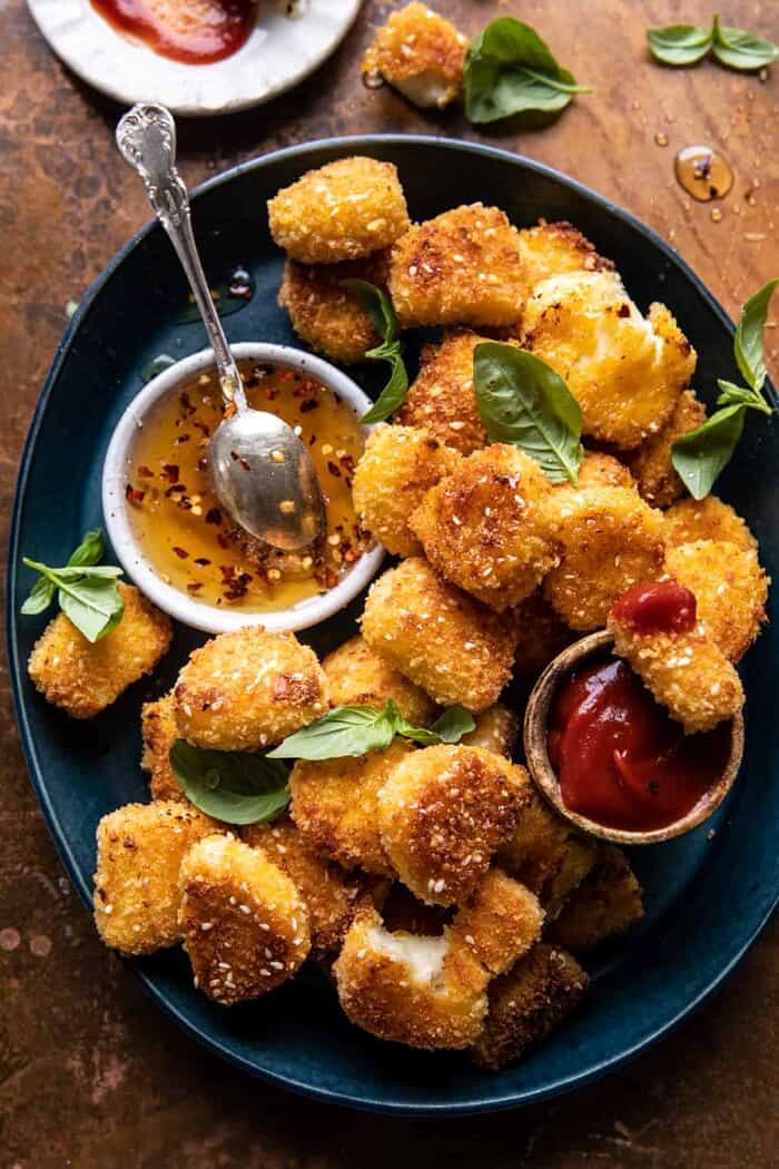 overhead photo of Oven Fried Halloumi Bites with Hot Honey