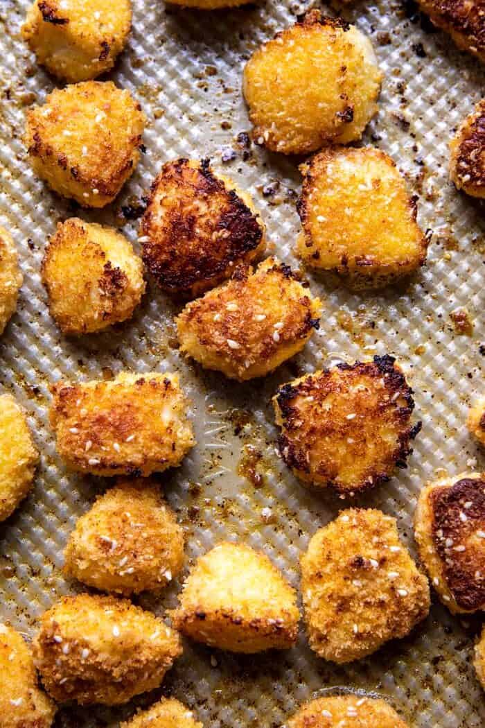 Oven Fried Halloumi Bites after baking on baking sheet