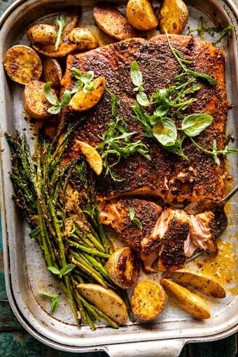 Sheet Pan Lemon Brown Butter Salmon and Potatoes with Parmesan Asparagus | halfbakedharvest.com