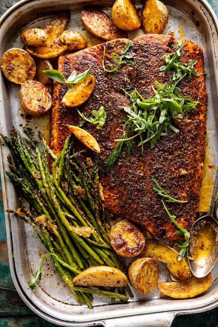 Sheet Pan Lemon Brown Butter Salmon and Potatoes with Parmesan Asparagus | halfbakedharvest.com