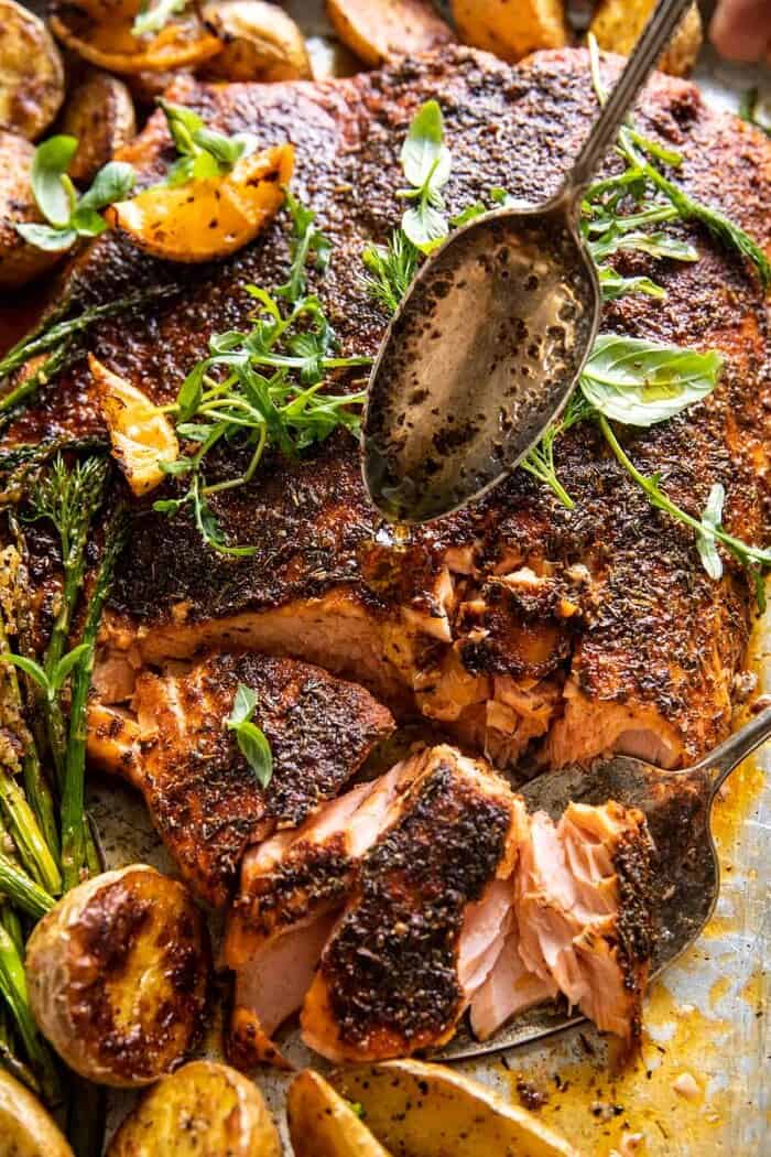 Sheet Pan Lemon Brown Butter Salmon and Potatoes with Parmesan Asparagus | halfbakedharvest.com