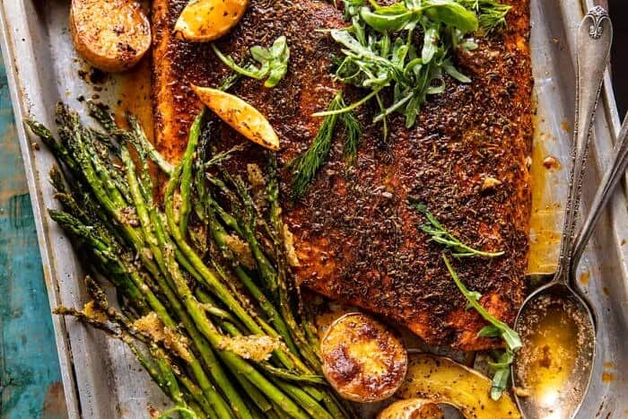 Sheet Pan Lemon Brown Butter Salmon and Potatoes with Parmesan Asparagus | halfbakedharvest.com
