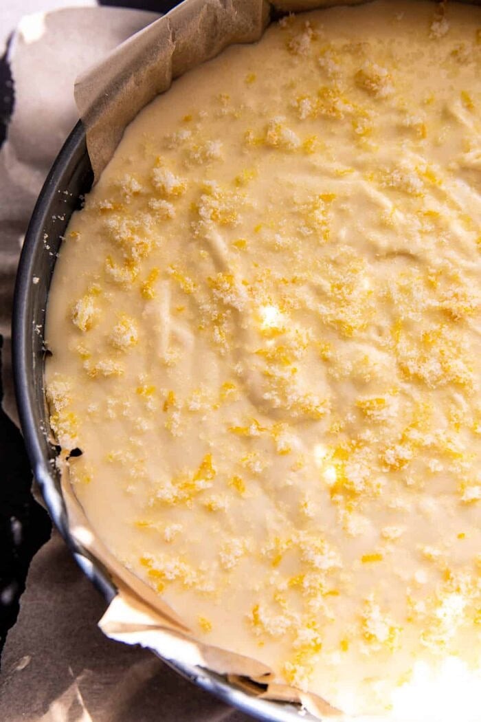 Simple Lemon Sugar Burnt Basque Cheesecake | halfbakedharvest.com prep photo of Cheesecake before baking