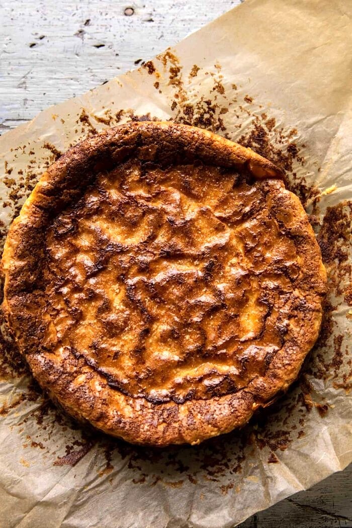 Simple Lemon Sugar Burnt Basque Cheesecake | halfbakedharvest.com photo of cake just after baking