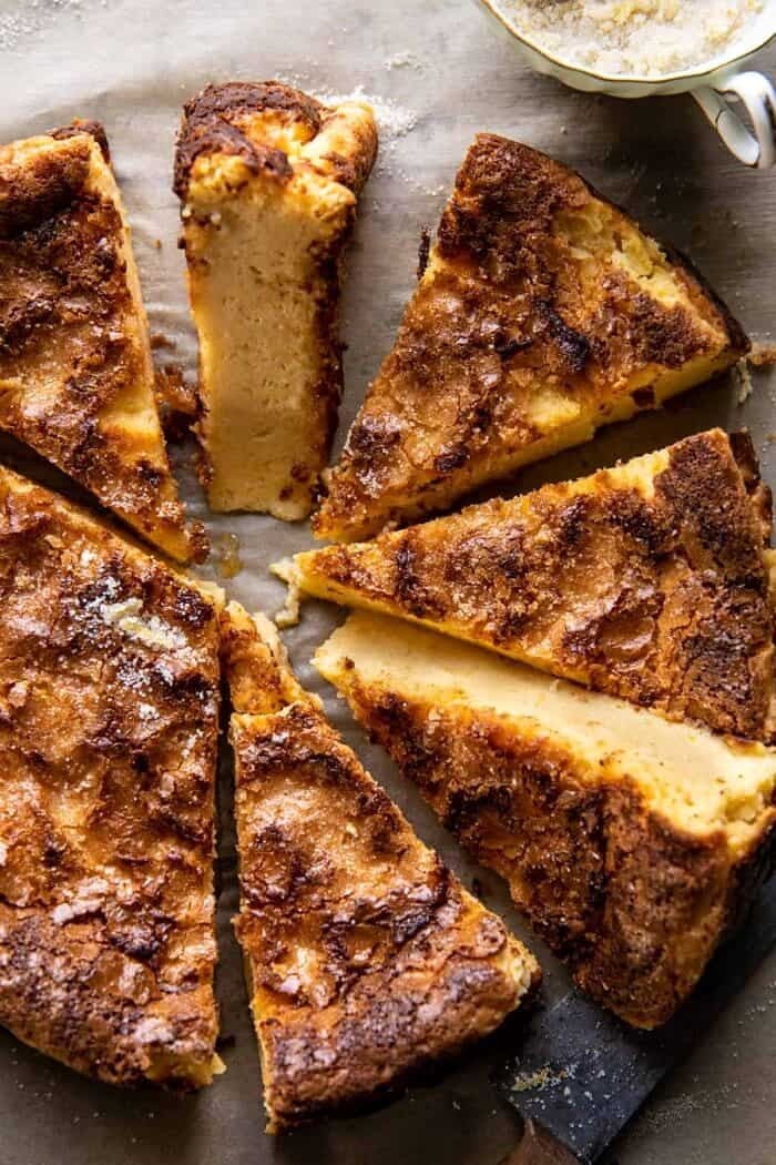 Simple Lemon Sugar Burnt Basque Cheesecake | halfbakedharvest.com overhead close up photo of Simple Lemon Sugar Burnt Basque Cheesecake