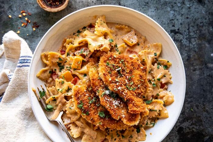 overhead photo of Southern Style Creamy Parmesan Chicken Pasta 