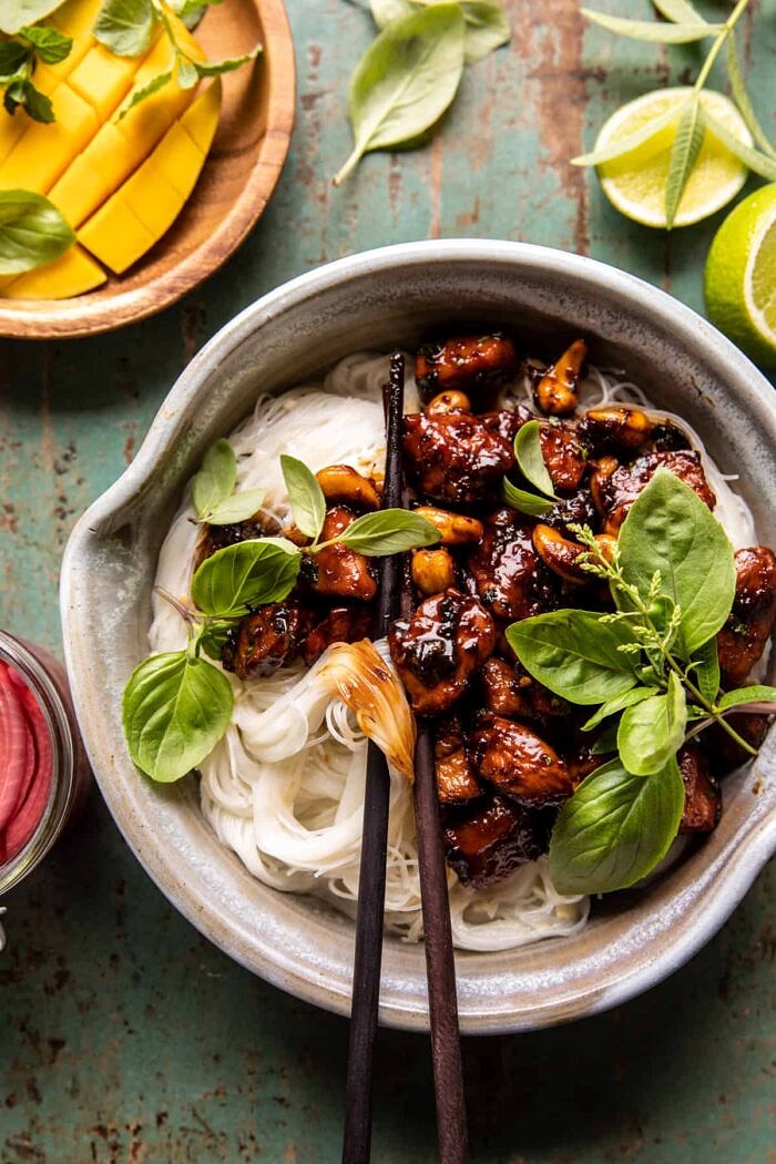 20 Minute Honey Garlic Cashew Chicken and Coconut Noodles | halfbakedharvest.com