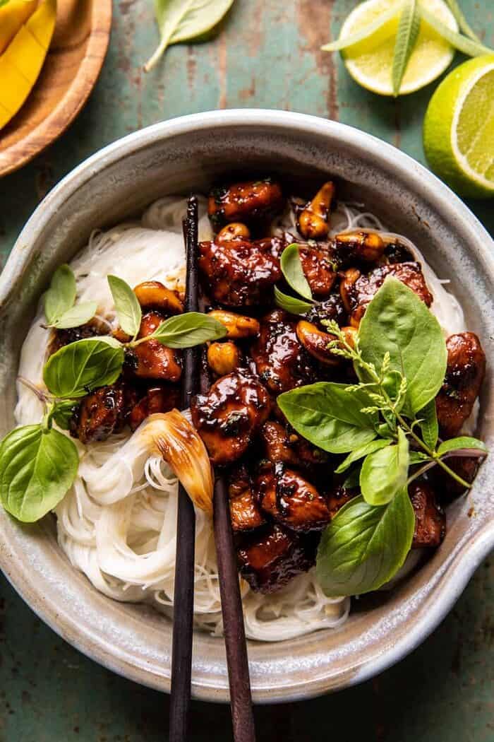 20 Minute Honey Garlic Cashew Chicken and Coconut Noodles | halfbakedharvest.com