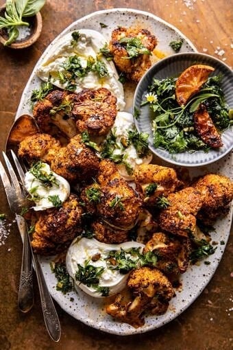 Crispy Roasted Blackened Cauliflower with Burrata and Herbs | halfbakedharvest.com