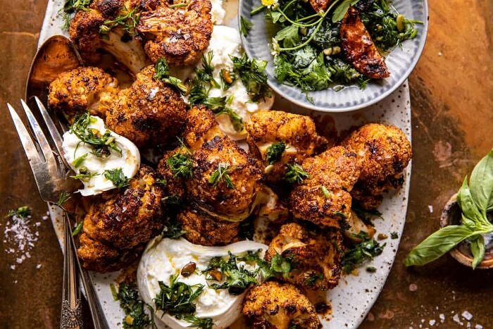 Crispy Roasted Blackened Cauliflower with Burrata and Herbs | halfbakedharvest.com