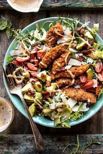Honey Mustard Pretzel Chicken and Avocado Bacon Salad | halfbakedharvest.com