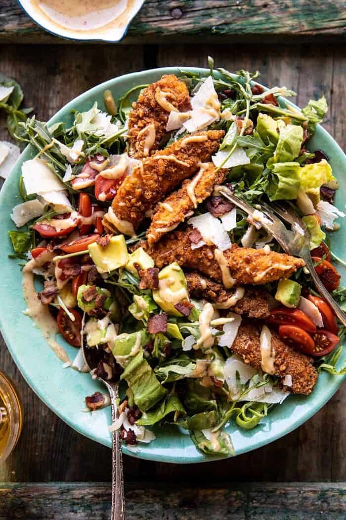 Honey Mustard Pretzel Chicken and Avocado Bacon Salad | halfbakedharvest.com