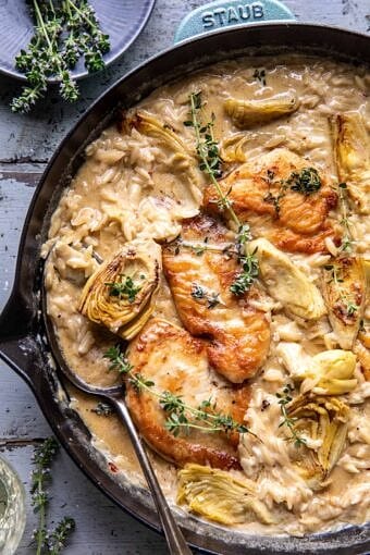 One Skillet Creamy Artichoke Chicken Marsala and Orzo | halfbakedharvest.com