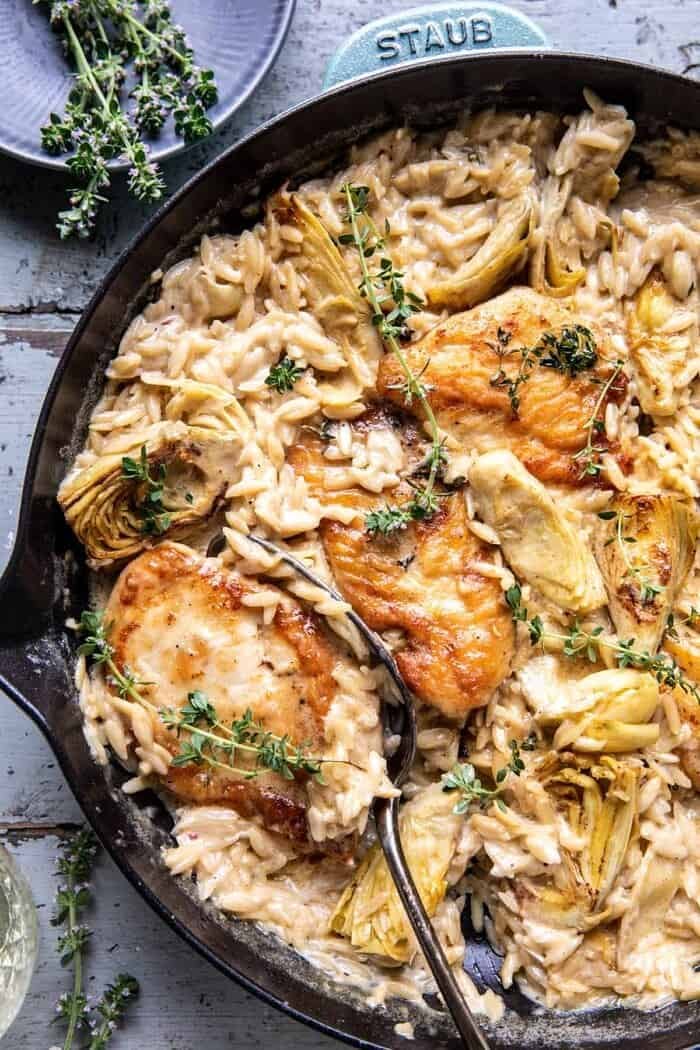 One Skillet Creamy Artichoke Chicken Marsala and Orzo | halfbakedharvest.com