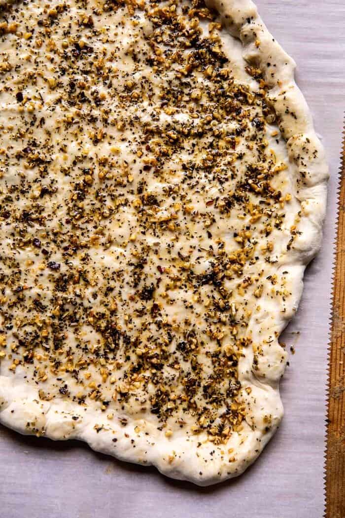 Spinach and Artichoke Pizza with Cheesy Bread Crust | halfbakedharvest.com