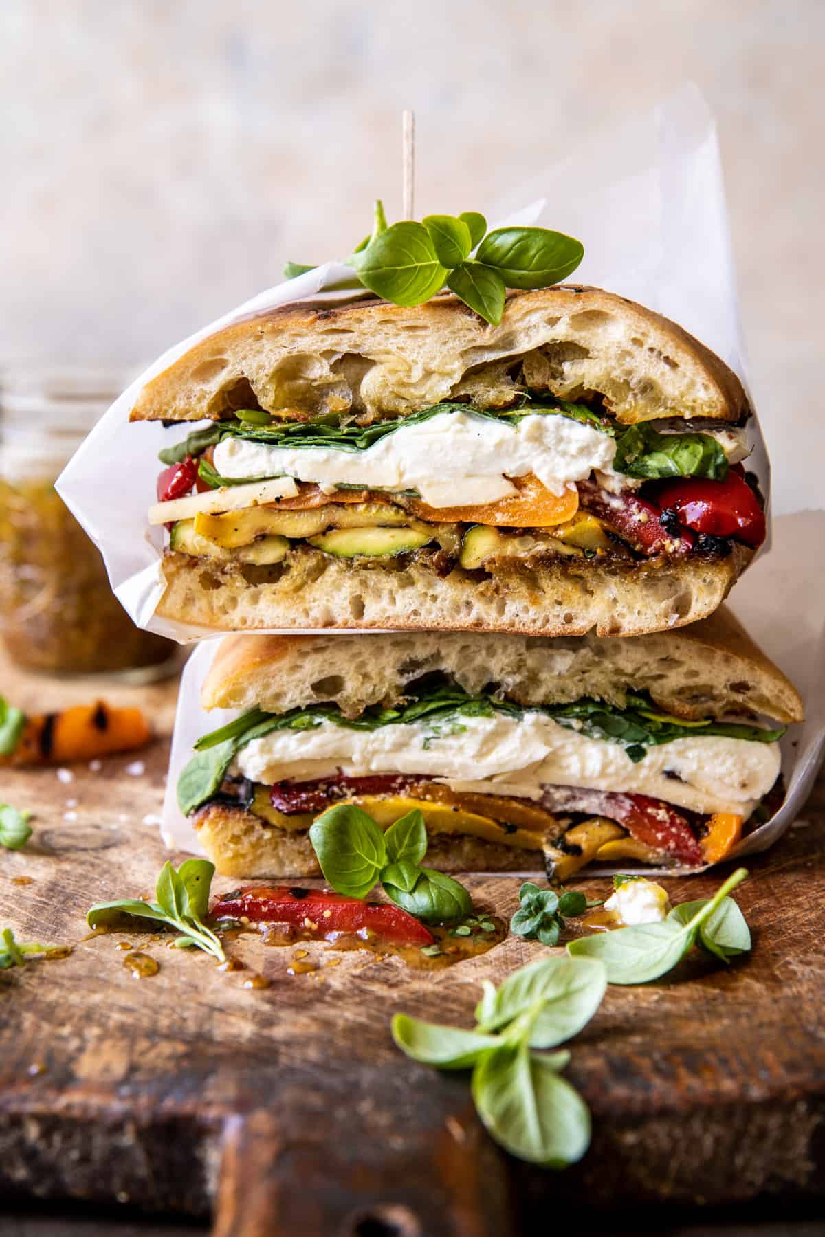 Grilled Vegetable Burrata Sandwich with Lemon Thyme Honey Mustard | halfbakedharvest.com