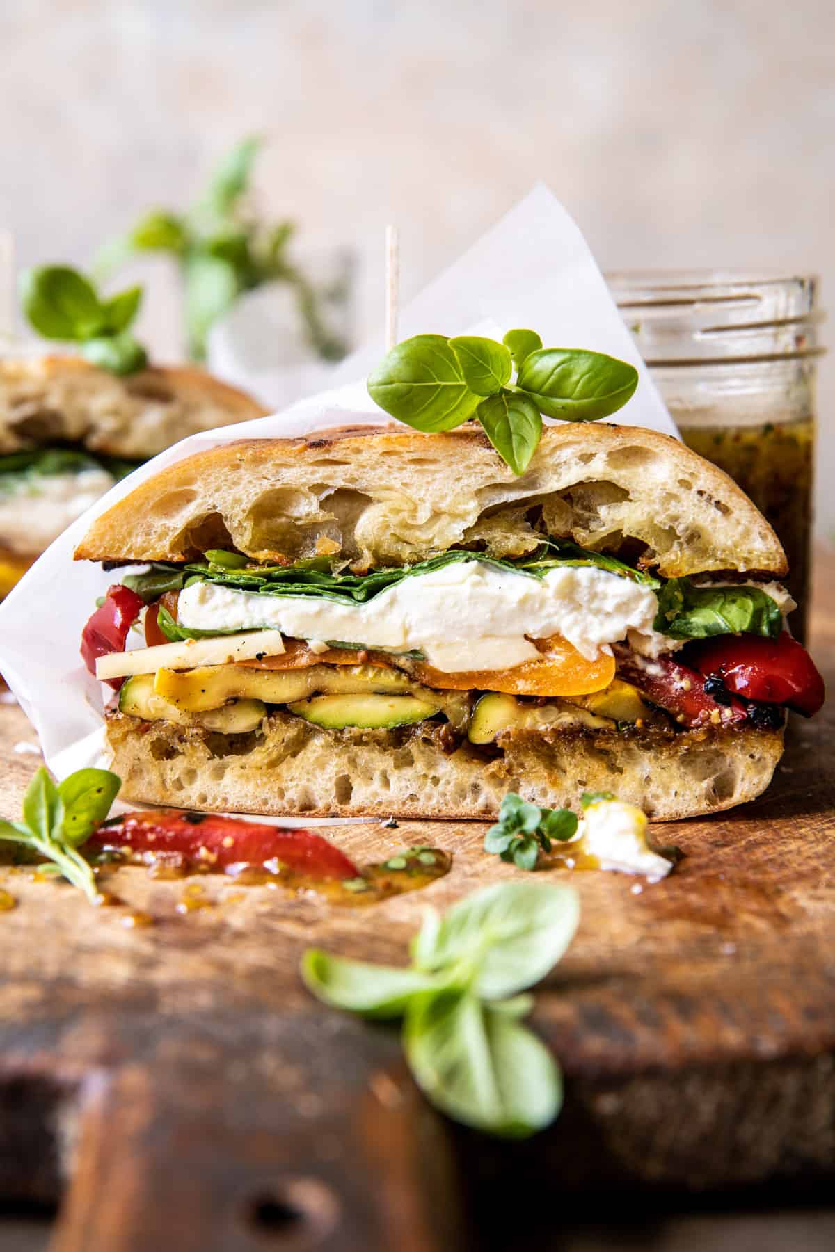 Grilled Vegetable Burrata Sandwich with Lemon Thyme Honey Mustard | halfbakedharvest.com