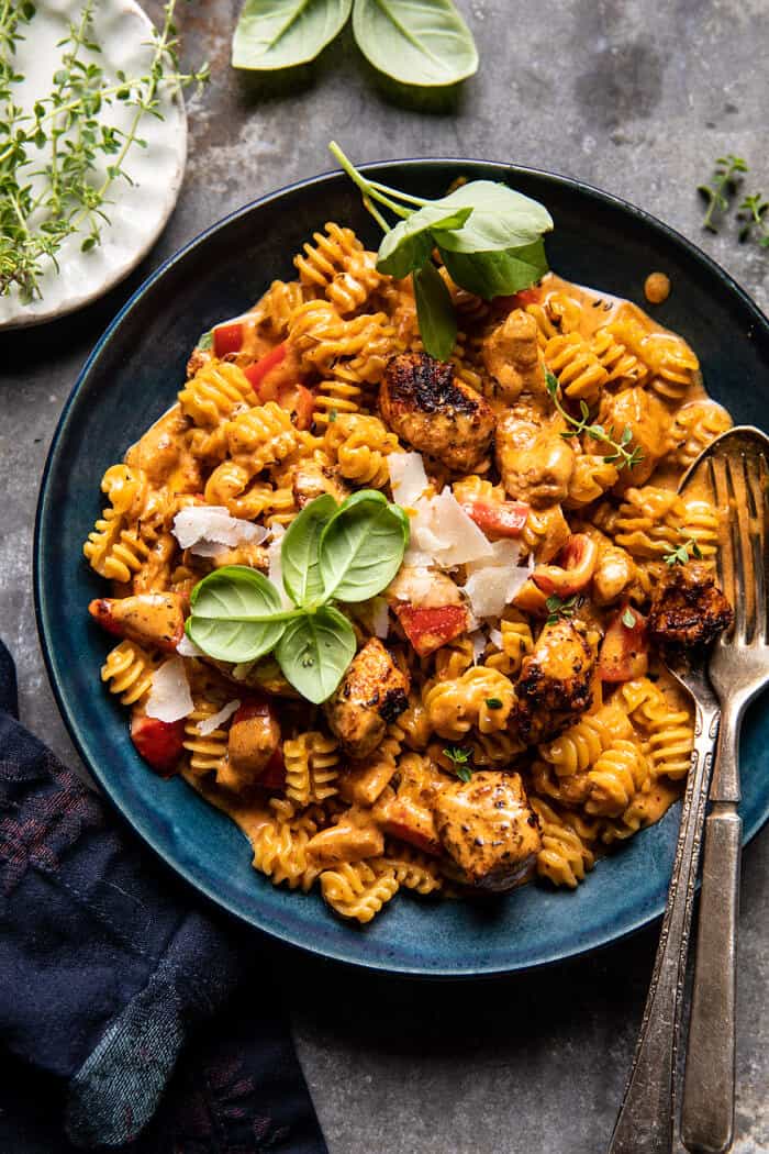 overhead photo of Lighter Creamy Cajun Chicken Pasta 