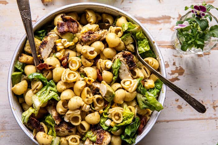 Pesto Chicken, Corn, and Avocado Bacon Pasta Salad | halfbakedharvest.com