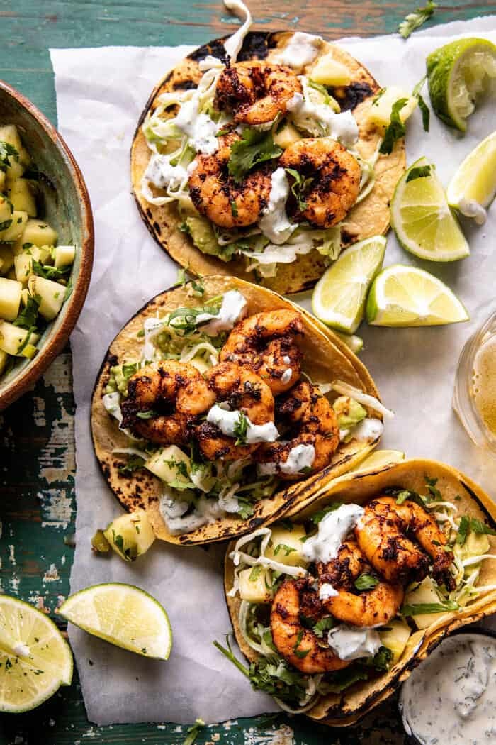 overhead photo of Sheet Pan Jalapeño Pineapple Shrimp Tacos with Cilantro Garlic Sauce