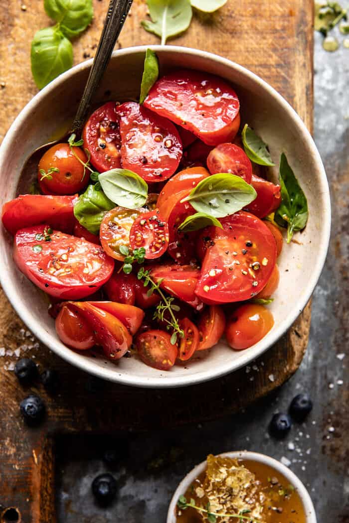 Whipped Ricotta Toast with Marinated Tomatoes and Lemon Thyme Honey | halfbakedharvest.com