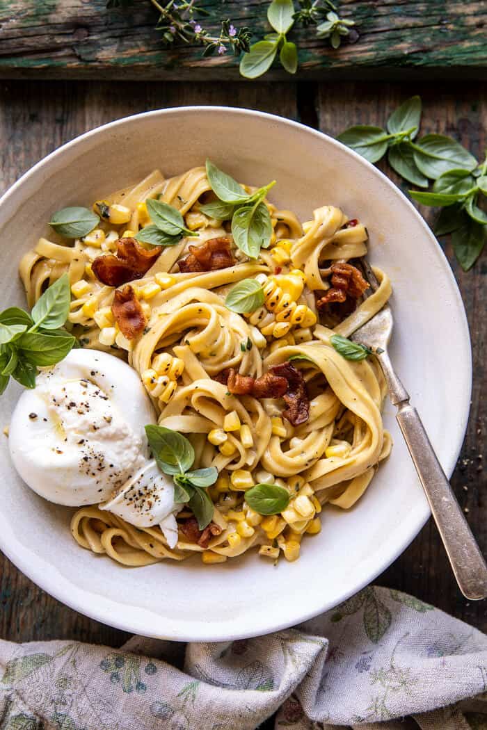 Garlic Herb Corn Carbonara with Burrata | halfbakedharvest.com Garlic Herb Corn Carbonara with Burrata | halfbakedharvest.com