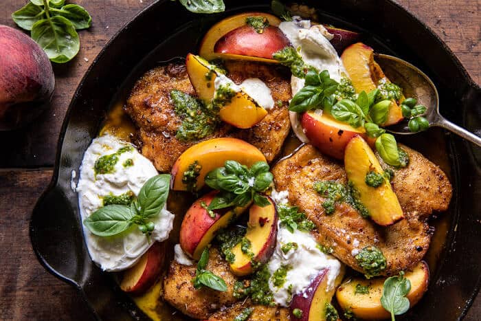 Pesto Peach Chicken in White Wine with Burrata | halfbakedharvest.com