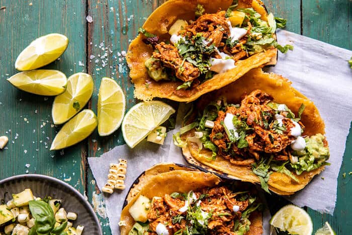 30 Minute Crispy Cheese Chicken Tinga Tacos with Pineapple Salsa | halfbakedharvest.com