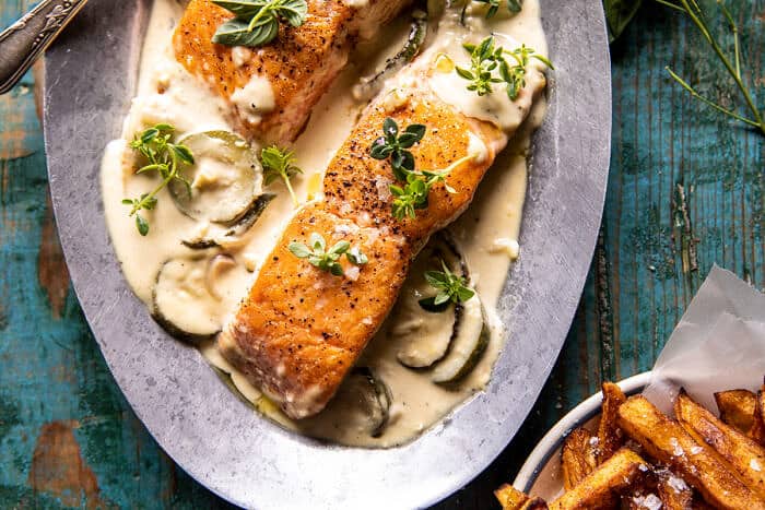 Creamed Feta Garlic Herb Butter Salmon | halfbakedharvest.com