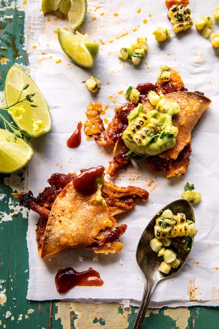 Crispy Chipotle BBQ Chicken Tacos with Creamy Charred Corn Salsa | halfbakedharvest.com 