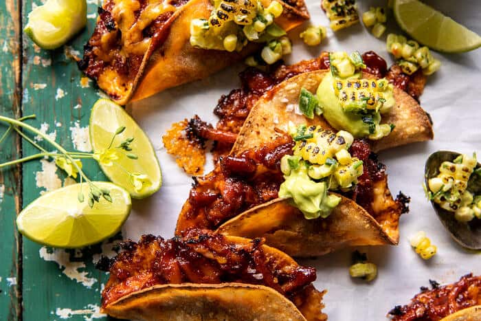 Crispy Chipotle BBQ Chicken Tacos with Creamy Charred Corn Salsa | halfbakedharvest.com 