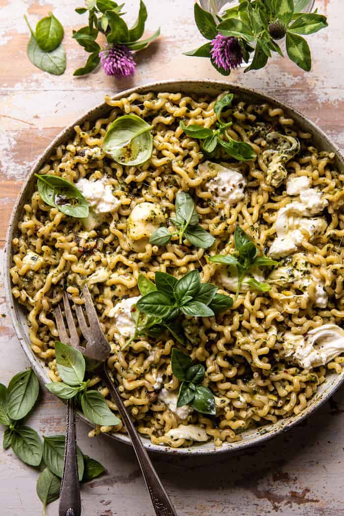 One Pot Melty Burrata Lemon Pesto Pasta | halfbakedharvest.com One Pot Melty Burrata Lemon Pesto Pasta | halfbakedharvest.com