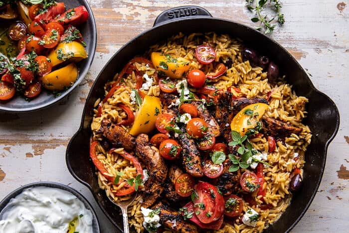 One Skillet Greek Chicken and Orzo with Tomatoes, Feta, and Tzatziki | halfbakedharvest.com
