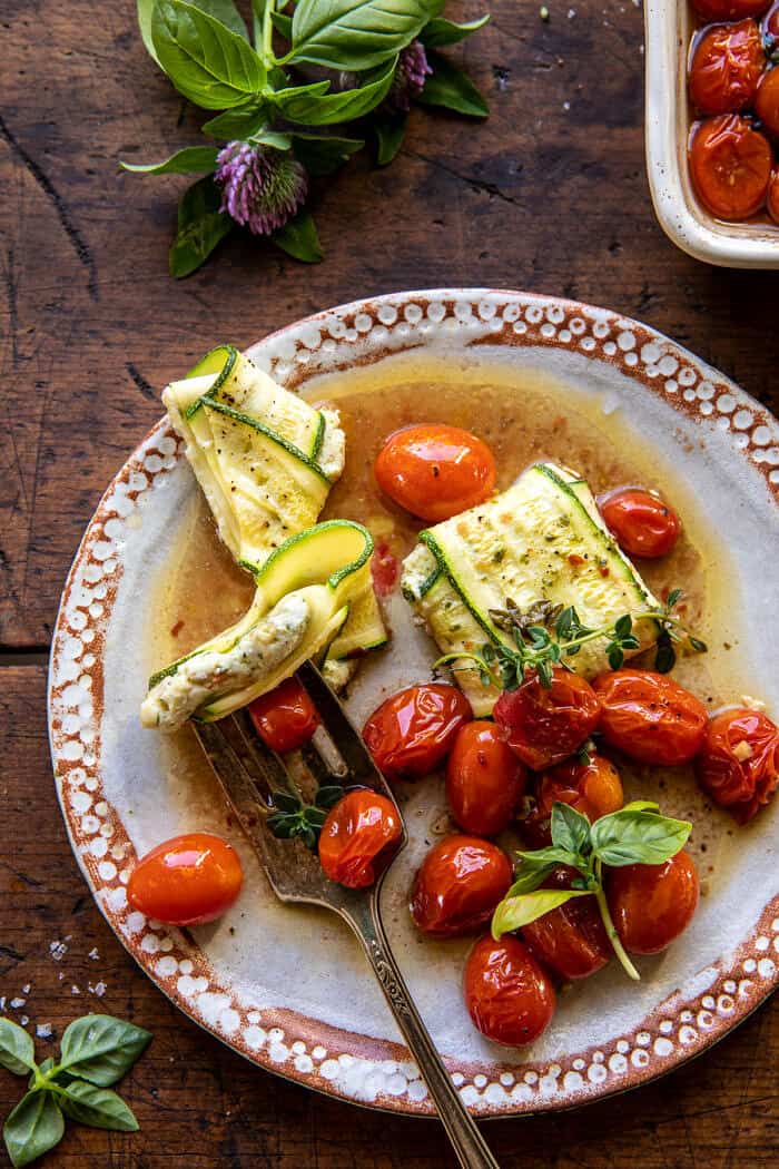 Pesto Cheese Zucchini Ravioli with Burst Tomatoes | halfbakedharvest.com