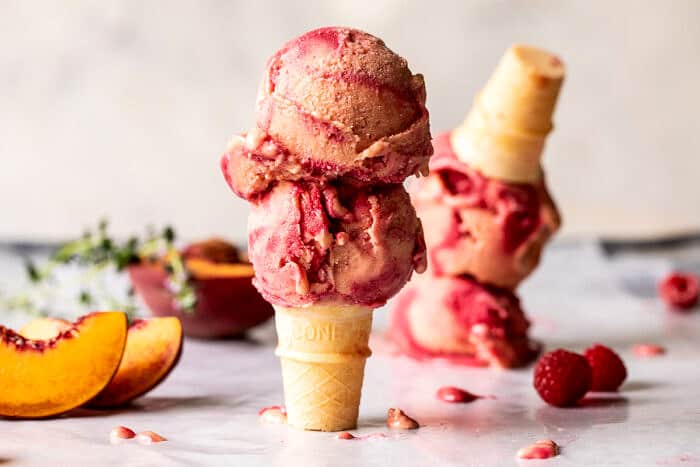 5 ingredient Raspberry Peach Sherbet | halfbakedharvets.com