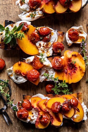 Peach Burrata Crostini with Burst Cherry Tomato Vinaigrette | halfbakedharvest.com