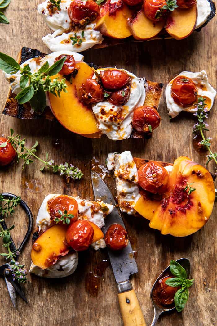 Peach Burrata Crostini with Burst Cherry Tomato Vinaigrette | halfbakedharvest.com Peach Burrata Crostini with Burst Cherry Tomato Vinaigrette | halfbakedharvest.com