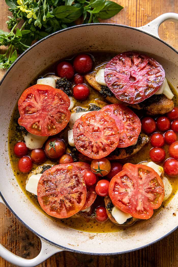 Pesto Caprese Chicken in White Wine Pan Sauce | halfbakedharvest.com Pesto Caprese Chicken in White Wine Pan Sauce | halfbakedharvest.com